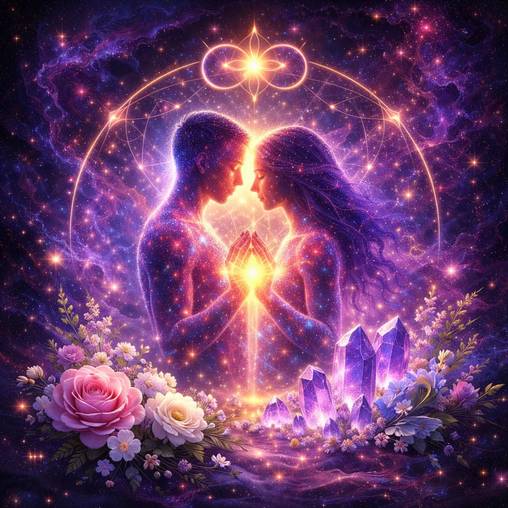 Professional twin flame connection map diagram showing energetic bonds, mirror dynamics, and karmic architecture between two birth charts.