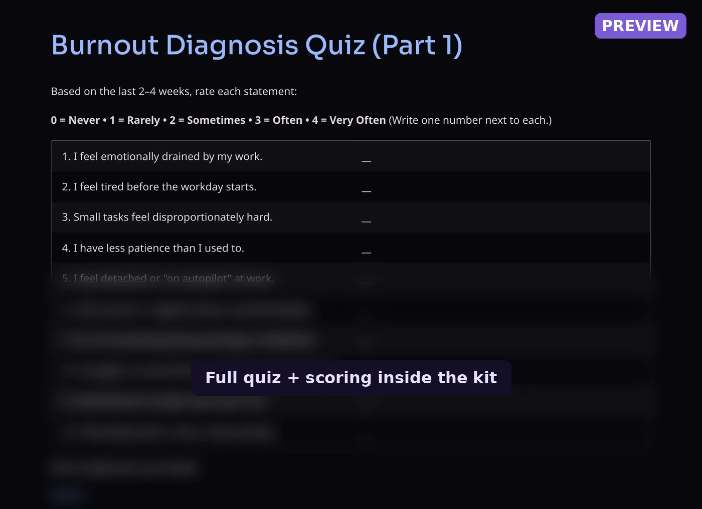 Preview of the Burnout Diagnosis Quiz from the Career Crossroads Kit showing the first rating statements.