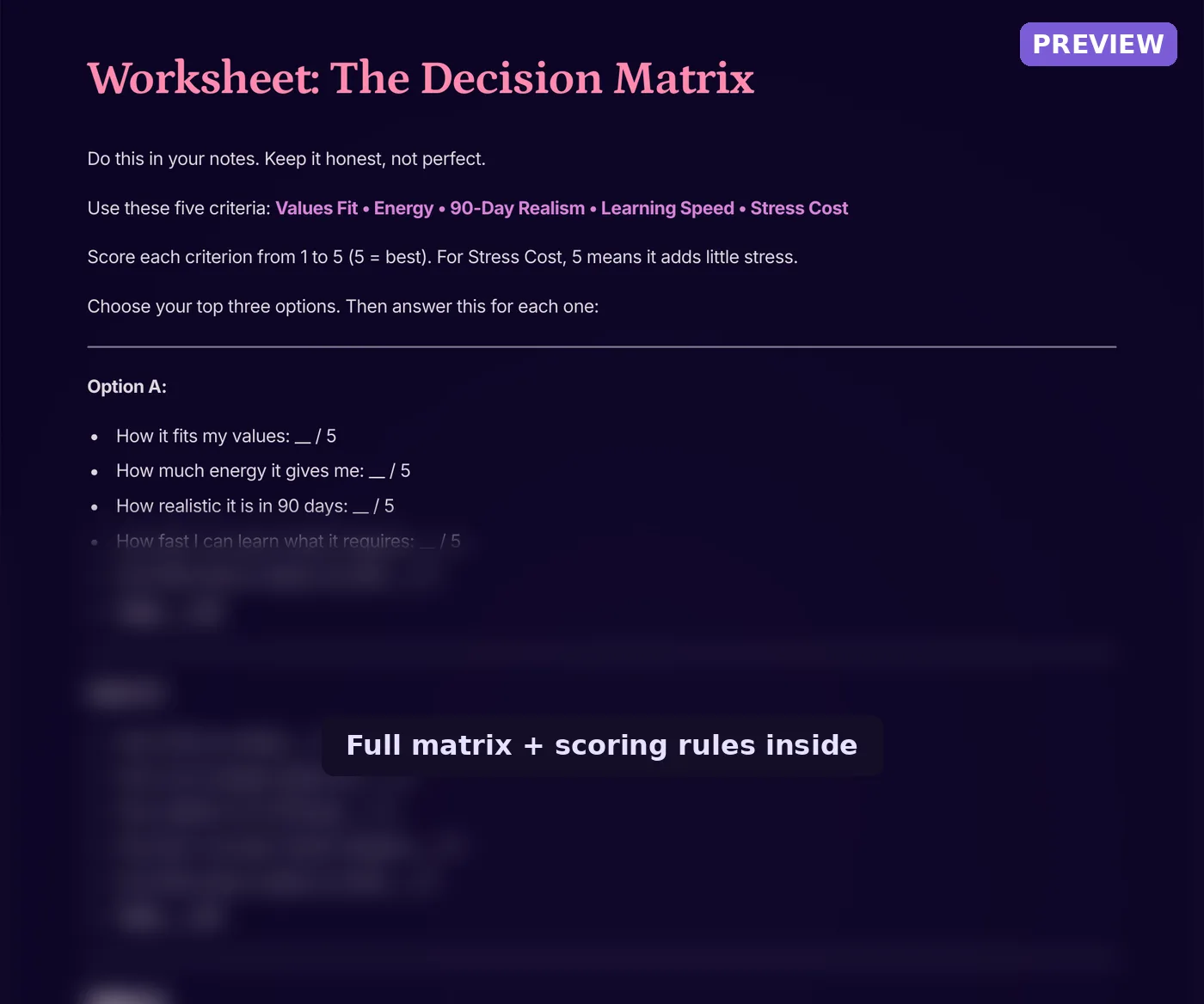 Preview of the Decision Matrix worksheet from the Life Direction Compass showing the five scoring criteria.